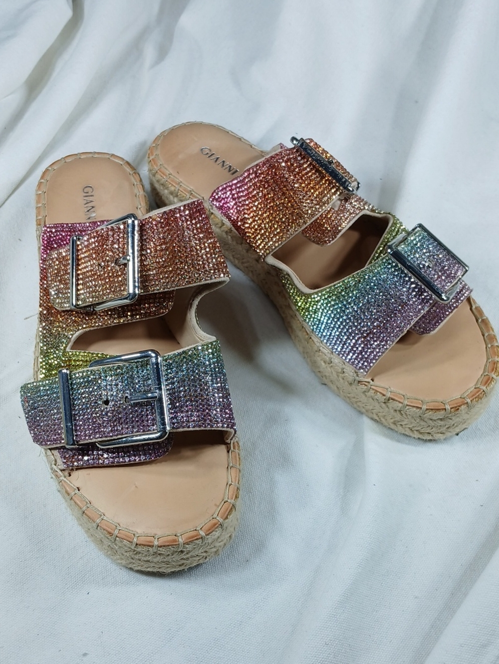 Gianni Bini womens Multicolor Crystal Buckle Espadrille Slides